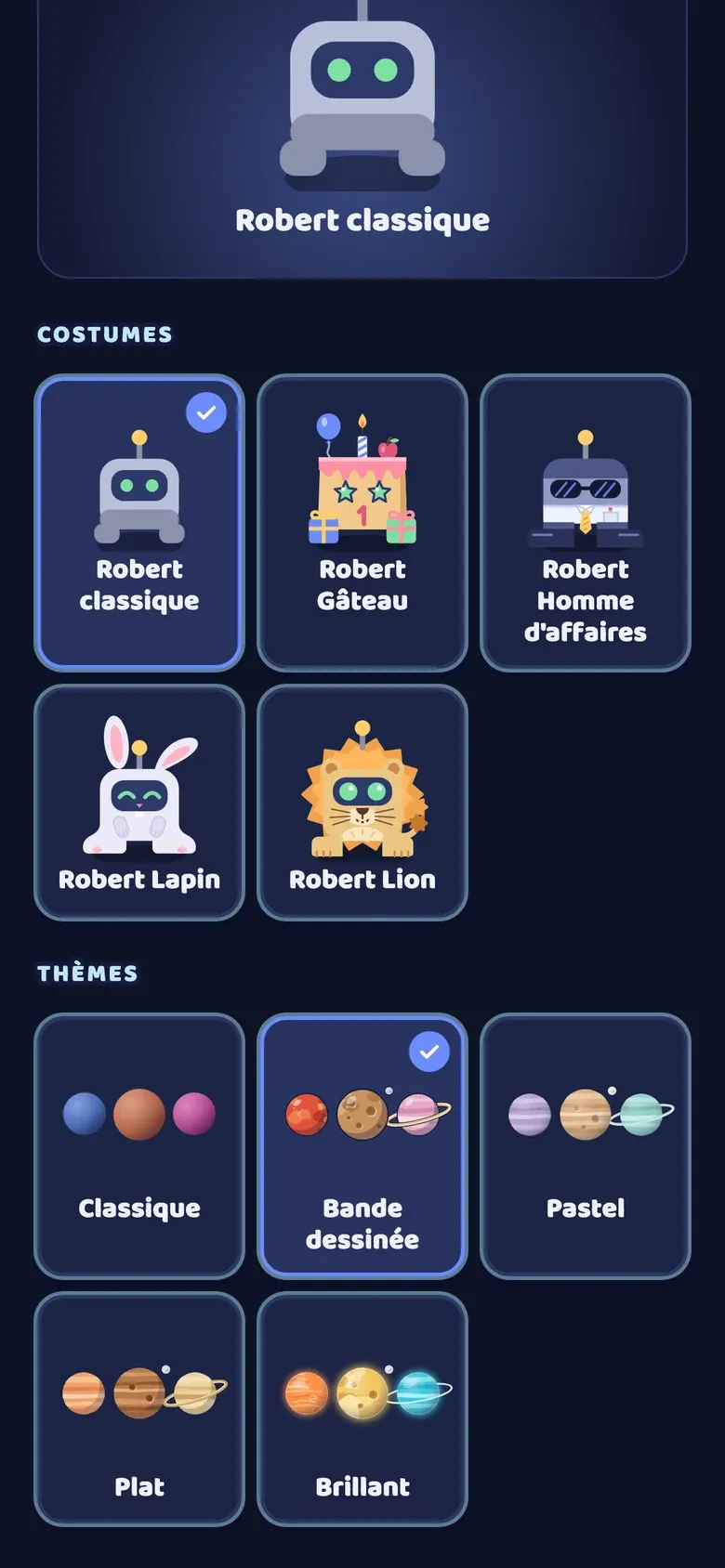 La personnalisation : costumes de Robert et thèmes du jeu