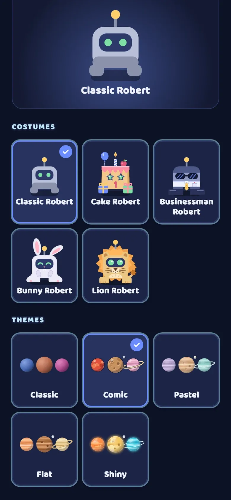 Customization: Robert's costumes and the game's themes