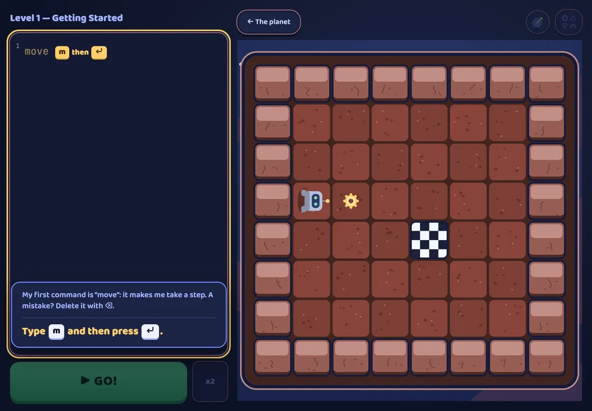 The first level on a tablet: the word “move” appears faintly and Robert explains what to type