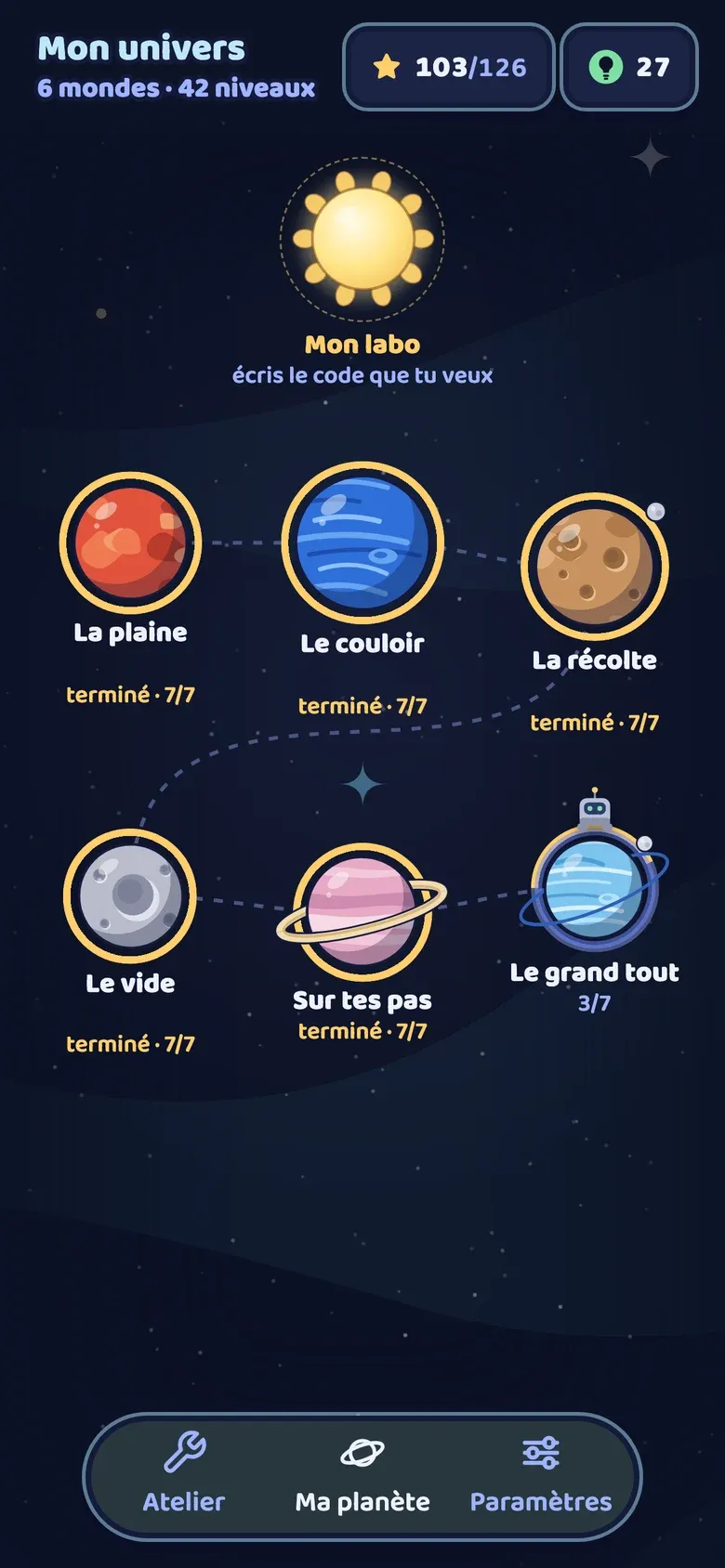 Mon univers : les six planètes et leur progression